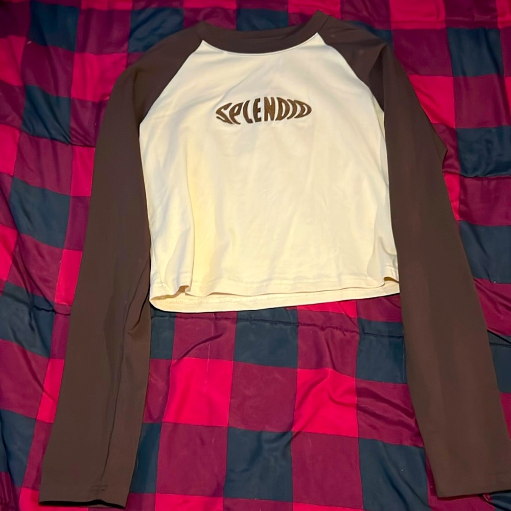 Brown and Tan Cropped Long Sleeve SPLENDID Shirt